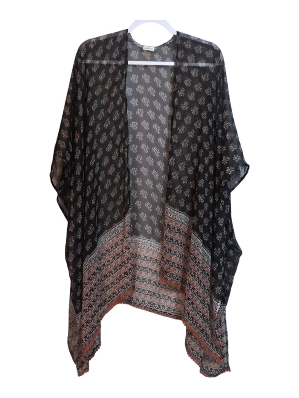 Coldwater Creek Sheer Silky Black Printed Kimono Cover-Up Size One Size
